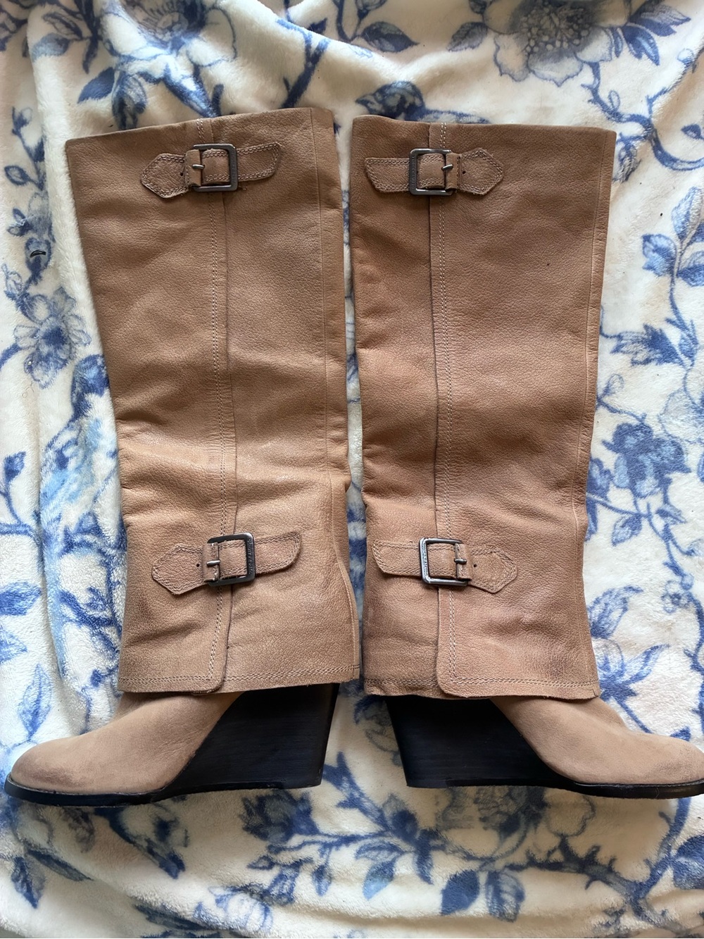 Vince Camuto Tan Wedge Knee-High Buckle Boots